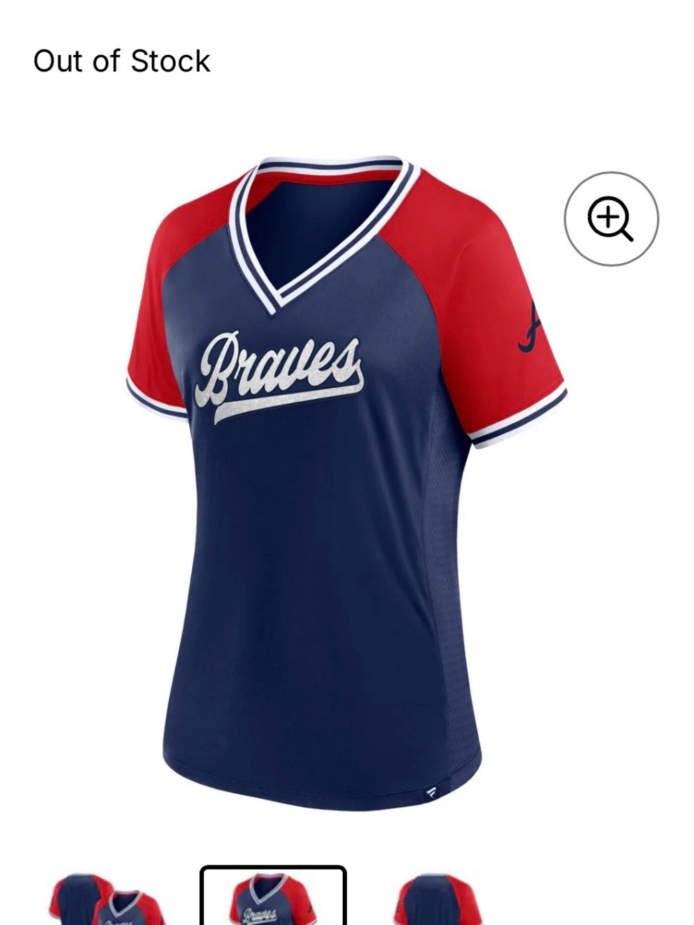 Fanatics Women’s Navy and Red V-Neck Braves Short Sleeve Jersey